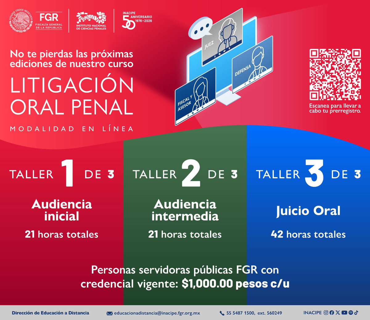 Curso en Litigación Oral Penal modalidad en línea.

<a href="/INACIPE/">INACIPE</a> inicia los talleres seriados "Audiencia Inicial" “Audiencia Intermedia” y “Juicio Oral”. Escanea el código Qr y realiza tu prerregistro para más información.  #ComunidadINACIPE
inacipe.fgr.org.mx/swb/INACIPE/Di…