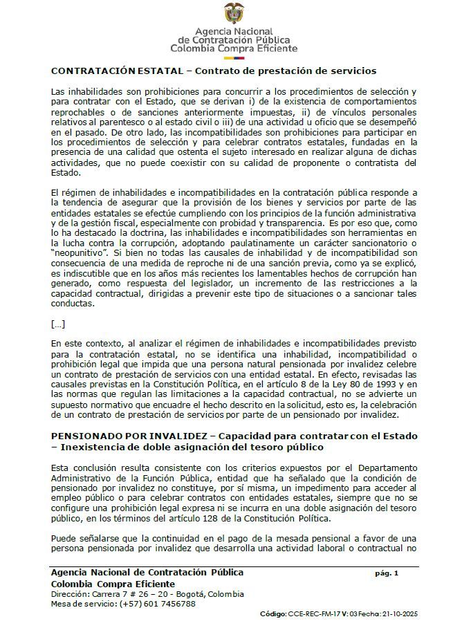 comprapublica_'s tweet photo. 👨‍🦽¿Existe inhabilidad o prohibición legal que impida que una persona natural pensionada por invalidez celebre un contrato de prestación de servicios?

Colombia Compra: No existe norma que inhabilite

Descarga aquí👇
https://t.co/zNkuoG9jT5 https://t.co/6MaL8yn1uK
