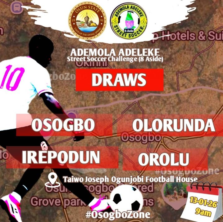 🚨The draw for Gov. <a href="/AAdeleke_01/">Gov Ademola Adeleke</a> Street Soccer Challenge (8-Aside)⚽ is here, Street Soccer At Its Best. From #Orolu to #Irepodun, from #Igboona to #OkeBaale more than 40 teams are locked in for this duel. Only one champions <a href="/InsideOsogbo/">Inside Òṣogbo</a> 
#Dream8
#8Aside
#FutsalRFEF
#OsunFA