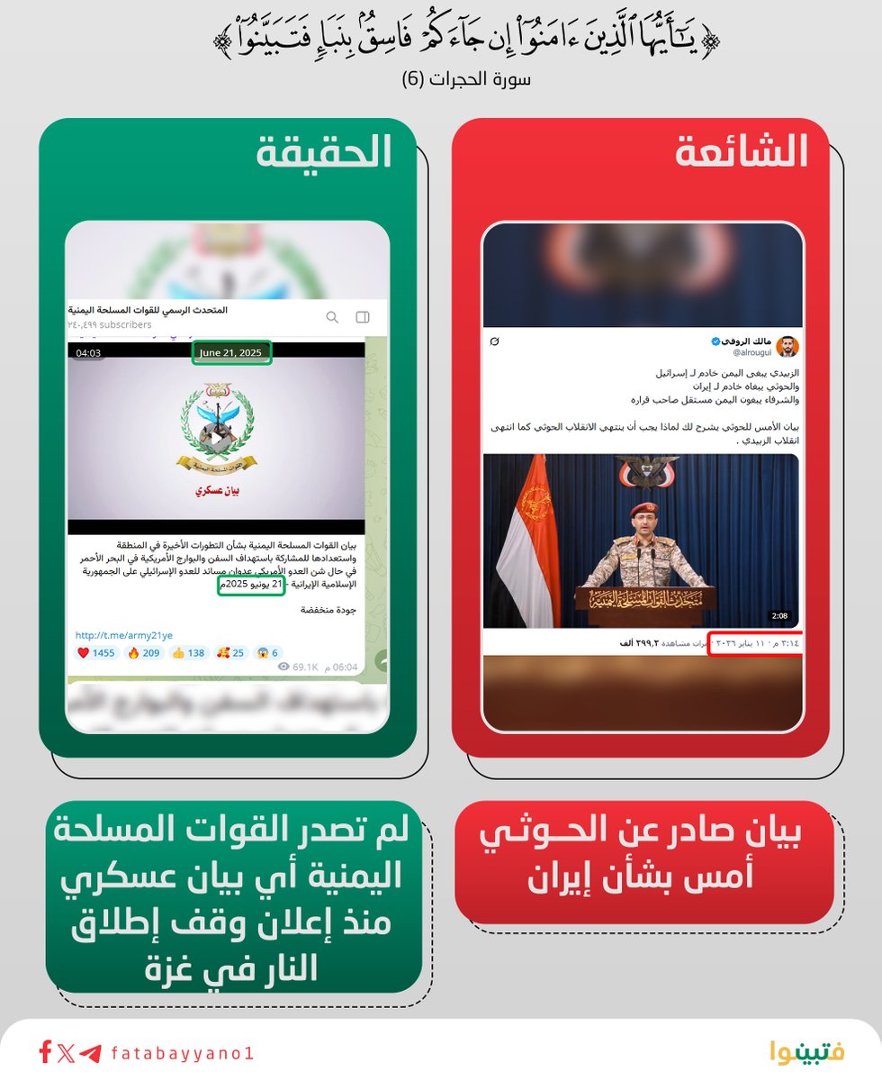 يتداول إعلاميون سعوديون مقطعَ فيديو لبيانٍ للمتحدث الرسمي باسم القوات المسلحة اليمنية، العميد يحيى سريع، مدّعين أنه جاء بالتزامن مع الأحداث الجارية في إيران.

والحقيقة أن البيان قديم، وصدر بتاريخ 21 يونيو 2025، خلال العدوان الإسرائيلي-الأمريكي على إيران، وأكّد فيه على وقوف اليمن