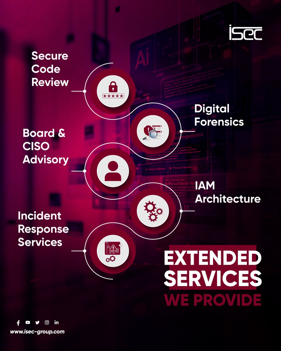 Cybersecurity is more than protection.
iSec’s Extended Services cover secure code review, digital forensics, IAM architecture, incident response, and Board &amp; CISO advisory—strengthening resilience where it matters most.
#iSec #CyberSecurity #IncidentResponse #DigitalForensics