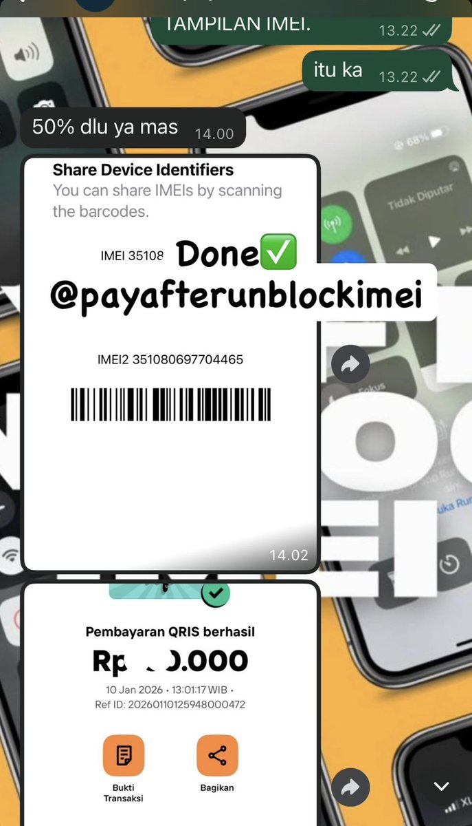 PAUIIMEI's tweet image. Donee🫶🏻
open gais jasa unblock unlock imei amanah bergaransi bukan unlock imei abal” ya gais
wa me👌
wa.me/+6289525392822