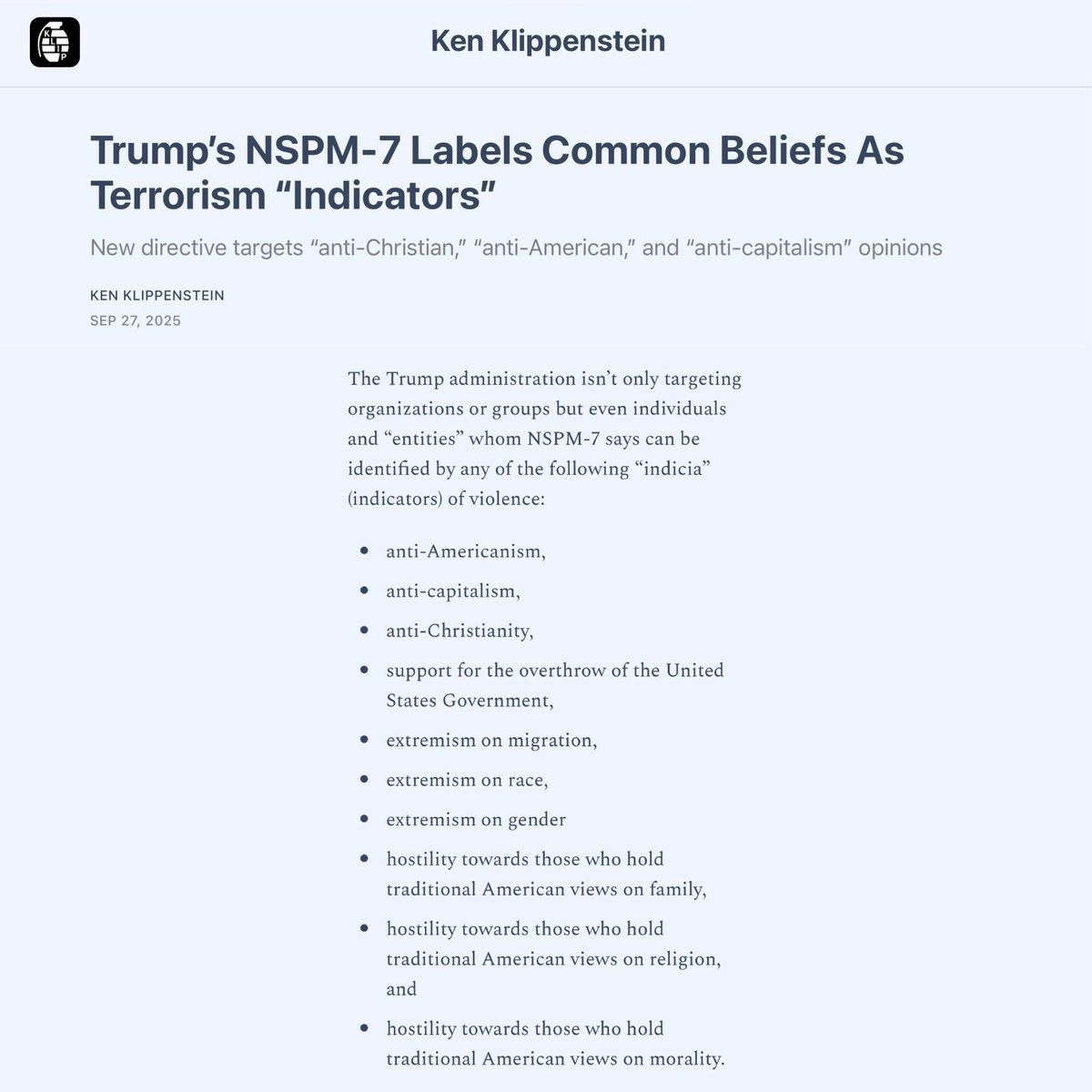 DarrigoMelanie's tweet image. Trump changed the definition of “domestic terrorism,” to make any opposition to him, terrorism.

Trump’s NSPM-7 directive allows federal agencies to investigate you as a domestic terrorist for any anti-Trump, and pro-immigrant speech — even if you haven’t been accused of a crime.