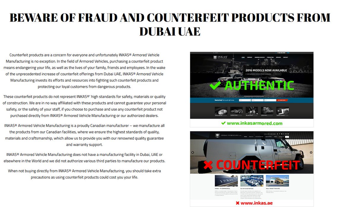 التقليد وصل للمدرعات!!؟

سبق و حذرت الشركة الكندية في 2016 من التعامل مع الحرامية في دبي واصفة منتجات المنتحلين بالمقلدة و انها لا تخضع لمعايير الجودة و السلامة الاساسية