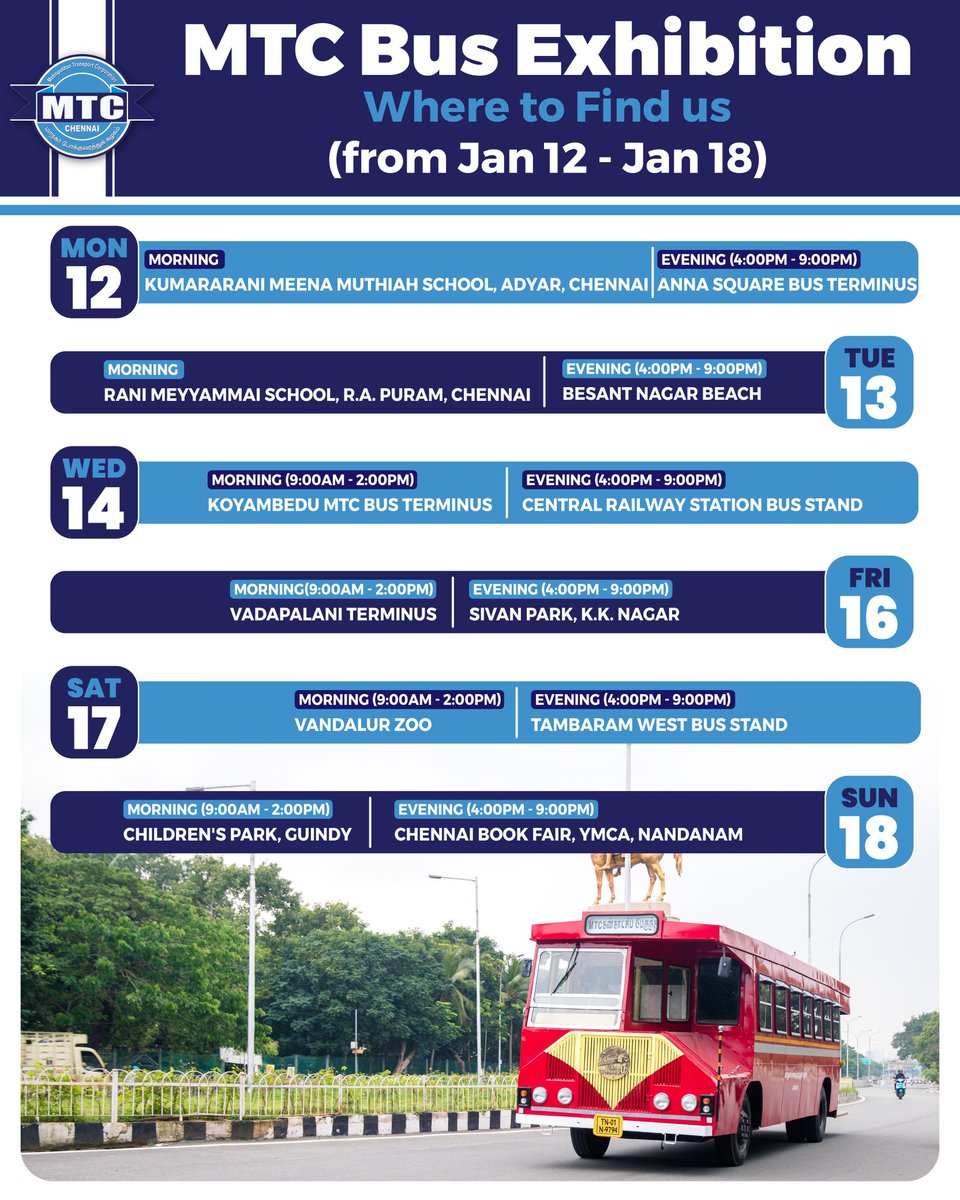 MtcChennai's tweet photo. We’re in your neighbourhood this week!
The MTC Bus Exhibition is happening across #Chennai from Jan 12 – Jan 18.
Drop by your nearest venue and experience the story of Chennai’s buses up close!
#MTCChennai | #ChennaiBus | #MTCBus | #BusFirst | #NammaBus | #VintageBus | #Exhibition