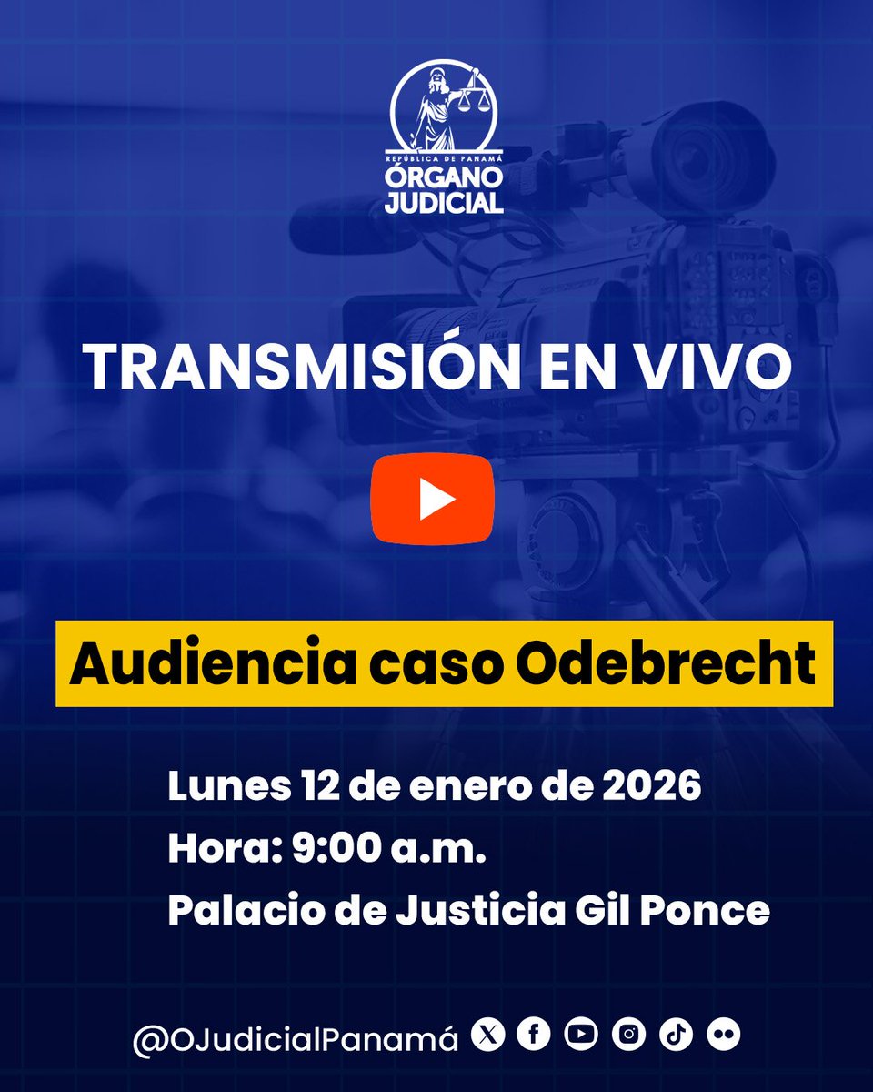 Ingresa a la transmisión #envivo de la Audiencia Ordinaria del Caso Odebrecht que se llevará a cabo mañana, lunes 12 de enero de 2026 en el Salón de Audiencias del Tribunal Superior de Liquidación de Causas Penales de Panamá. Conéctate aquí  ➡️youtube.com/live/GcuPcoCkl…