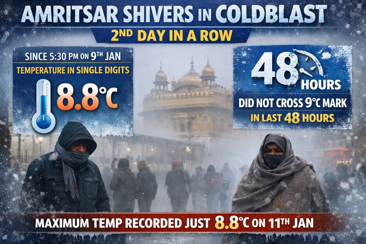 navdeepdahiya55's tweet photo. Terrible #Coldblast in #Punjab
#Amritsar reported another day with single digit max temperature at 8.8°c. It is colder than #Srinagar (11.9°c) and #Pahalgam (9.6°c). In the last 48 hours temp has not crossed the mark of 9°c. Prevailing #Fog conditions are restricting rise in temperature. 
At 8:30pm on 11th Jan it is reporting 3.2°c, high chance of reaching freezing point by tomorrow morning 🥶
Not expecting any relief from coldblast in Punjab will 15th Jan. 
#Coldwave