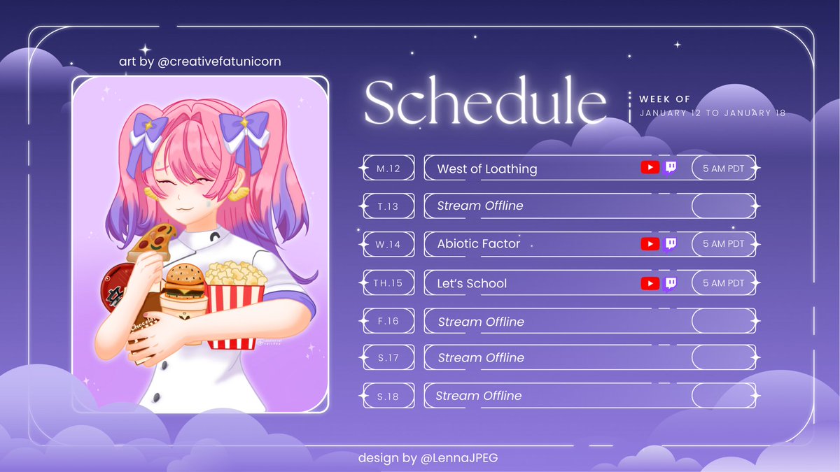 ✧.* Schedule 

Good morning! 

I'm finally returning to streaming on Monday. Thank you so much for the wait. Going to be streaming West of Loathing as our brand new game for the channel.