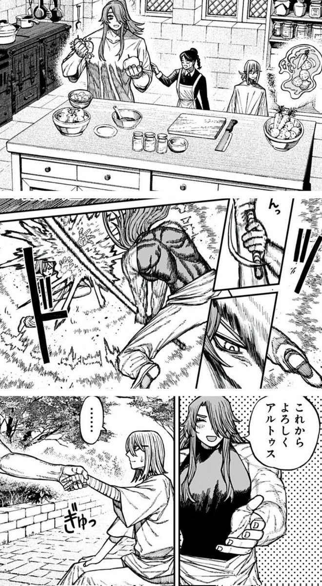 k1rurlanvshari's tweet image. 「ケントゥリア」最新話。
今回はアンバーとアルトゥスに焦点を当てた話だった。
戦闘訓練をする姿や料理する姿など、色々なアンバーを見られて嬉しいんだけど、複雑だな…
とりあえず、うっかり林檎らしき食材を握り潰してるの、可愛いっす
#ケントゥリア 
#ジャンププラス 
shonenjumpplus.com/episode/171070…