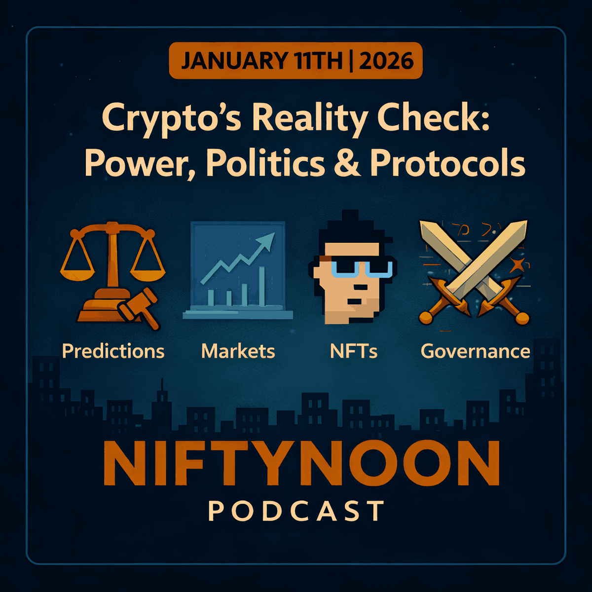 NiftyNoon Podcast — January 11th, 2026 🎙️

• Prediction markets face insider trading scrutiny
• Morgan Stanley files spot BTC, ETH &amp; SOL ETFs
• MSCI backs digital asset treasury firms
• MoMA acquires CryptoPunks &amp; Chromie Squiggles
• Aave &amp; Zcash governance crises erupt