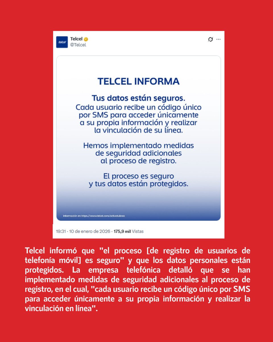 infodemiaMex's tweet photo. ❌ Falso que Telcel "exponga datos personales" de clientes en el proceso de identificación de líneas telefónicas móviles 

✅ Telcel informó que "el proceso [de registro de usuarios de telefonía móvil] es seguro" y que los datos personales están protegidos. La empresa telefónica detalló que se han implementado medidas de seguridad adicionales al proceso de registro, en el cual, "cada usuario recibe un código único por SMS para acceder únicamente a su propia información y realizar la vinculación en línea".

▶️ Desmentido: https://t.co/mPXg9U6hFF