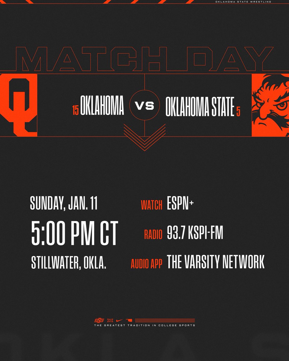 CowboyWrestling's tweet photo. The 190th Bedlam meeting.

🆚 No. 15 Oklahoma 
⏰ 5 p.m.
📍 GIA
📺 ESPN+
📻 93.7 KSPI-FM
📊 https://t.co/eSDxCmNyQO

#GoPokes https://t.co/zogTXSBP19