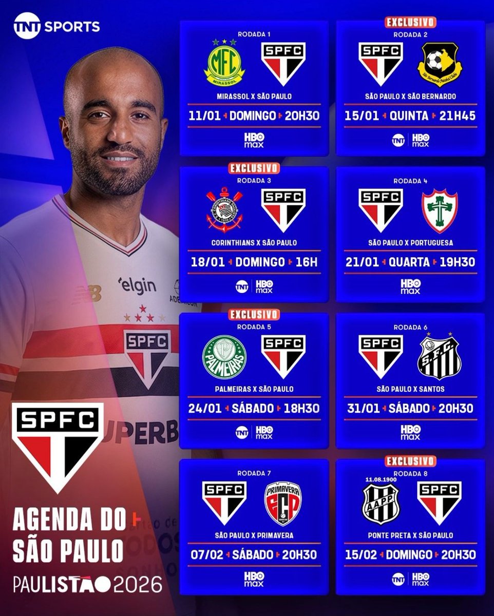 somosaopaulinos's tweet image. Todos os jogos do São Paulo no Paulistão terão transmissão da HBO Max.

As partidas contra São Bernardo, Corinthians, Palmeiras e Ponte Preta serão exclusivos. 

Já os jogos contra Mirassol, Portuguesa, Santos e Primavera terão outras transmissões.