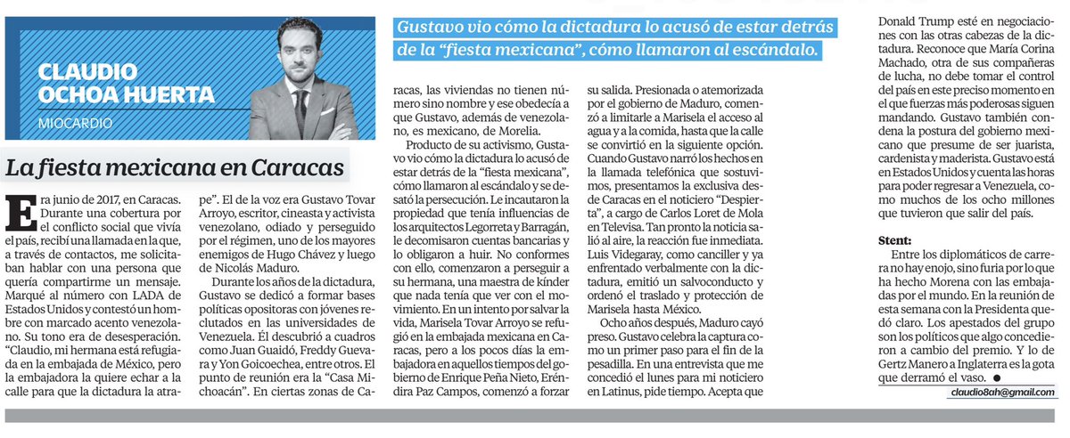 LuisCardenasMx's tweet image. 🚨”LA FIESTA MEXICANA” QUE DESATÓ PERSECUCIÓN EN CARACAS

El texto de @ClaudioOchoaH revive cómo la dictadura venezolana acusó al activista Gustavo Tovar Arroyo de estar detrás del escándalo conocido como “la fiesta mexicana”, lo persiguió, le confiscó bienes y lo obligó al…