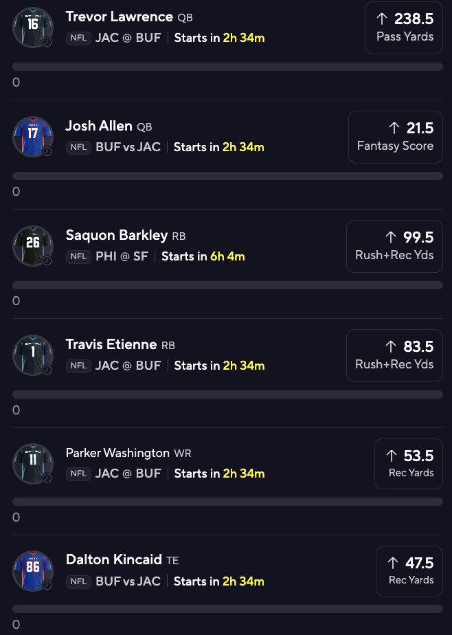 🏈 NFL PRIZEPICKS 6-PICK POWER PLAY - PLAYOFFS (01/12) 🏈

Trevor Lawrence (JAC) ↑ 238.5 Pass Yards
Josh Allen (BUF) ↑ 21.5 Fantasy Score
Saquon Barkley (PHI) ↑ 99.5 Rush+Rec Yds
Travis Etienne (JAC) ↑ 83.5 Rush+Rec Yds
Parker Washington (JAC) ↑ 53.5 Rec Yards
Dalton Kincaid