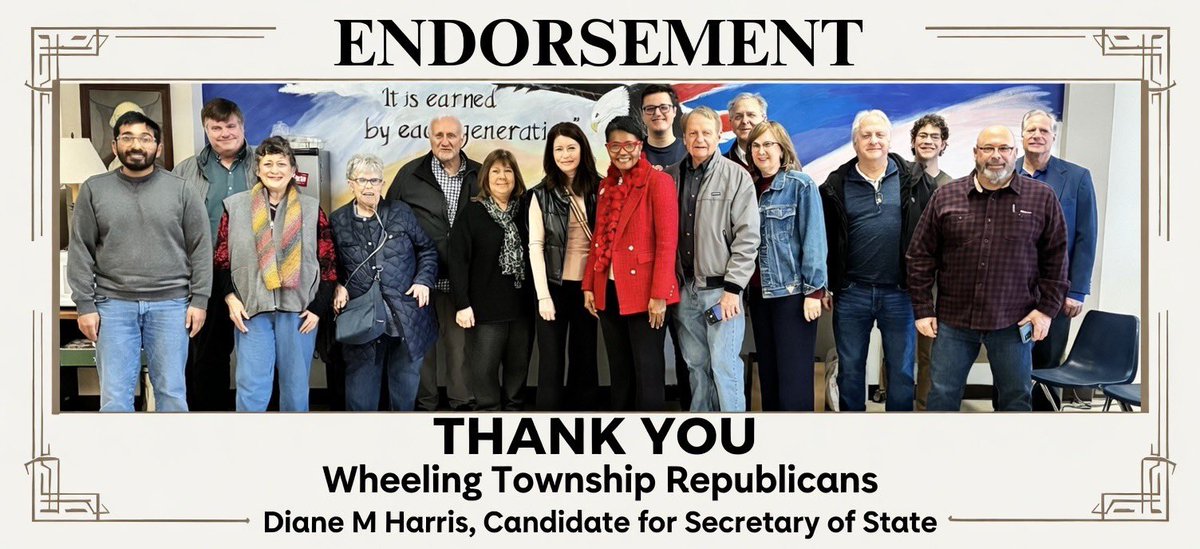 HarrisForSOS's tweet image. Thank You to the Wheeling Township Republicans for their Endorsement! 🇺🇸❤️👍
#VeteransFirst
#SeniorsMatter
#PeopleOverPolitics
#FiscalResponsibility
#LeadershipThatDelivers
#IllinoisDeservesBetter
#HarrisForSOS
#ChicagoBears 
#GetItDone
#dharrisforsos
#tinleypark
@illinois