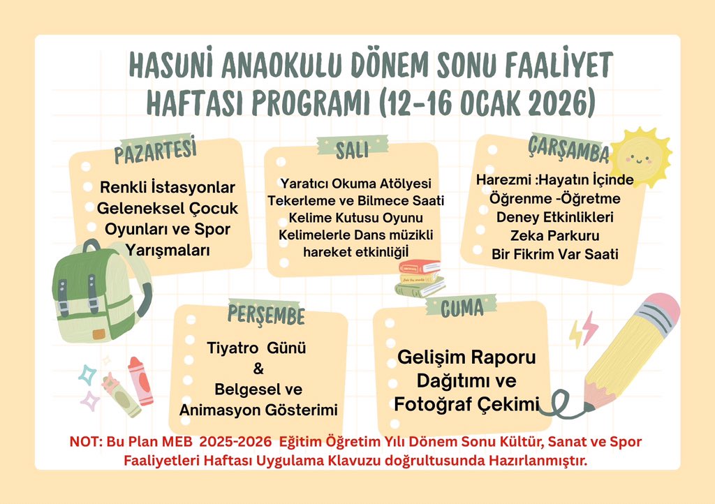 ❄️✨ DÖNEM SONU FAALİYET HAFTAMIZ BAŞLIYOR! ✨❄️
Hasuni Anaokulu olarak 12–16 Ocak 2026 tarihlerinde çocuklarımızla dolu dolu bir hafta geçiriyoruz.Oyunla öğreniyor, keşfederek büyüyoruz 🌱 <a href="/Diyarbakirmem/">Diyarbakır İl Millî Eğitim Müdürlüğü</a> <a href="/sadoglu_salih/">Salih Sadoğlu</a> <a href="/osmanoguzeksi1/">Osman Oğuz EKŞİ 🇹🇷</a> <a href="/SilvanKaymakam/">Silvan Kaymakamlığı</a> <a href="/SilvanMEM/">Silvan İlçe Milli Eğitim Müdürlüğü</a>