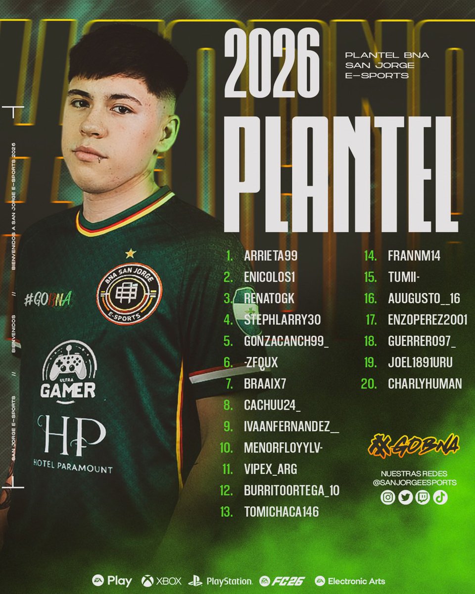 💚⚽ Plantel Oficial 2026
BNA San Jorge E-Sports.

Plantel confirmado.
Temporada en marcha.

🚆💚 #GoBNA #Plantel2026