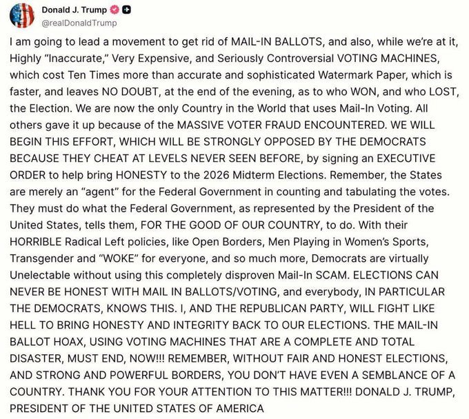 StandUpForTrmp's tweet image. 🚨BREAKING: President Trump to sign an executive order ELIMINATING mail-in ballots and voting machines before the 2026 midterm elections. 

Do you support this?

YES or No?

If YES , Give me a Thumbs-Up 👍