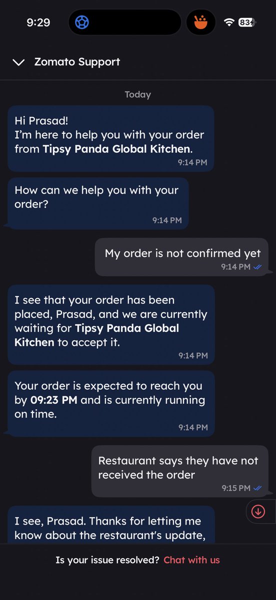 iprasadparab's tweet photo. @zomatocare might just have the most uncaring support bot. Won’t let me connect to executive. Won’t let me cancel the order even though the order isn’t confirmed. Took me repeated attempts to just get my order cancelled. https://t.co/2F4y03ZM6t