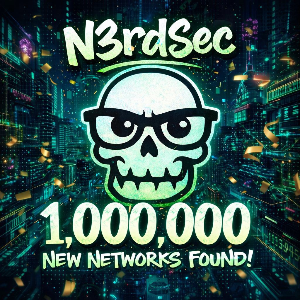 N3rdSec_'s tweet photo. 🎉1,000,000 New Networks Found!!! Milestone Unlocked! And We’re Just Getting Started!!!🎉
#wardrive #wardriver #N3rdSec https://t.co/ENFf8yprCN