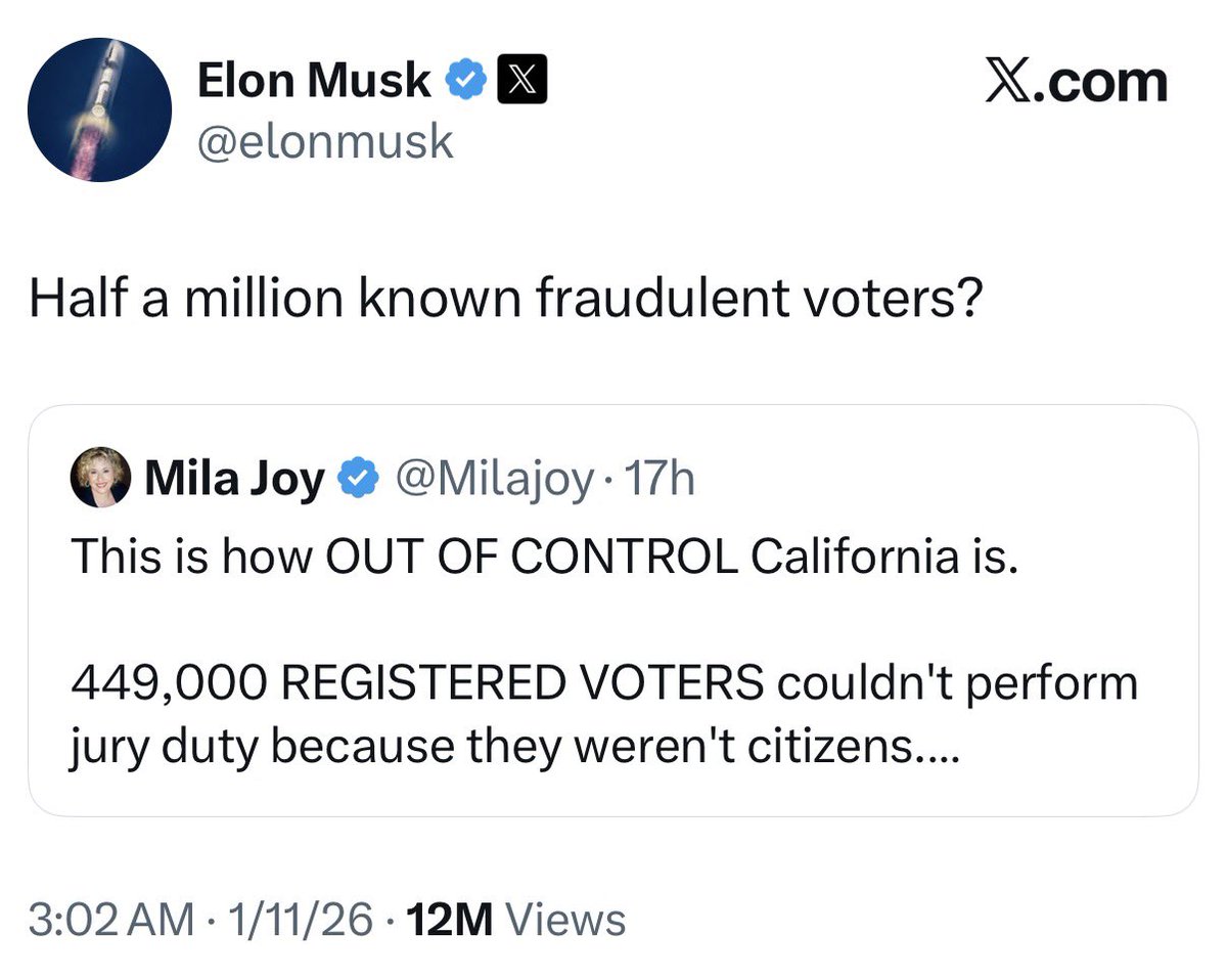 This was debunked years ago.
Voter fraud has a rate of .0001%

They know this is a lie, but keep telling it to distract from ICE’s murder of an innocent mom, Grok’s CSAM, the invasion of Venezuela, the planned attack on Greenland, Trump selling pardons, and the Epstein files.