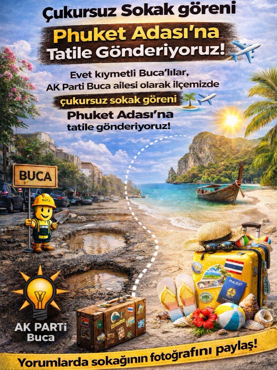 Çukursuz sokak göreni Phuket Adası’na gönderiyoruz.

Evet kıymetli Buca’lılar,
AK Parti Buca ailesi olarak ilçemizde çukursuz sokak gören hemşehrilerimizi Phuket Adası’na tatile göndermeye hazırız.

Yıllardır çözülemeyen altyapı sorunları, bozuk yollar ve bitmeyen çukurlar artık