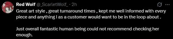 One of the reasons I love working with commissions is being able to make my clients feel comfortable and to be as professional as possible :3 ♥
This is an appreciation post from one of my clients.
This made me so incredibly happy, thank you ♥♥