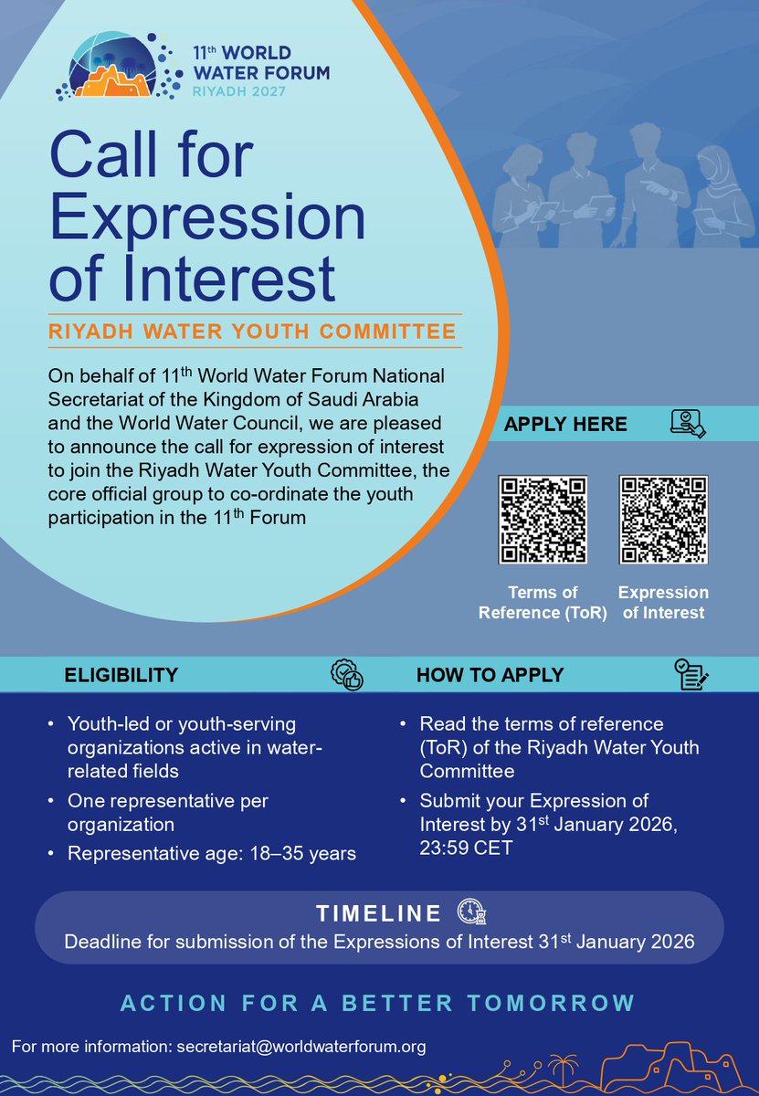 The 11th World Water Forum Youth Engagement invites youth led/serving organizations to join the Riyadh Water Youth Committee for WWF Riyadh 2027.

👥 Ages 18–35 (1 rep/org)
📝 Review ToR &amp; submit EOI
⏰ Deadline: 31 Jan 2026 | 23:59 CET

Join global water policy dialogues &amp;