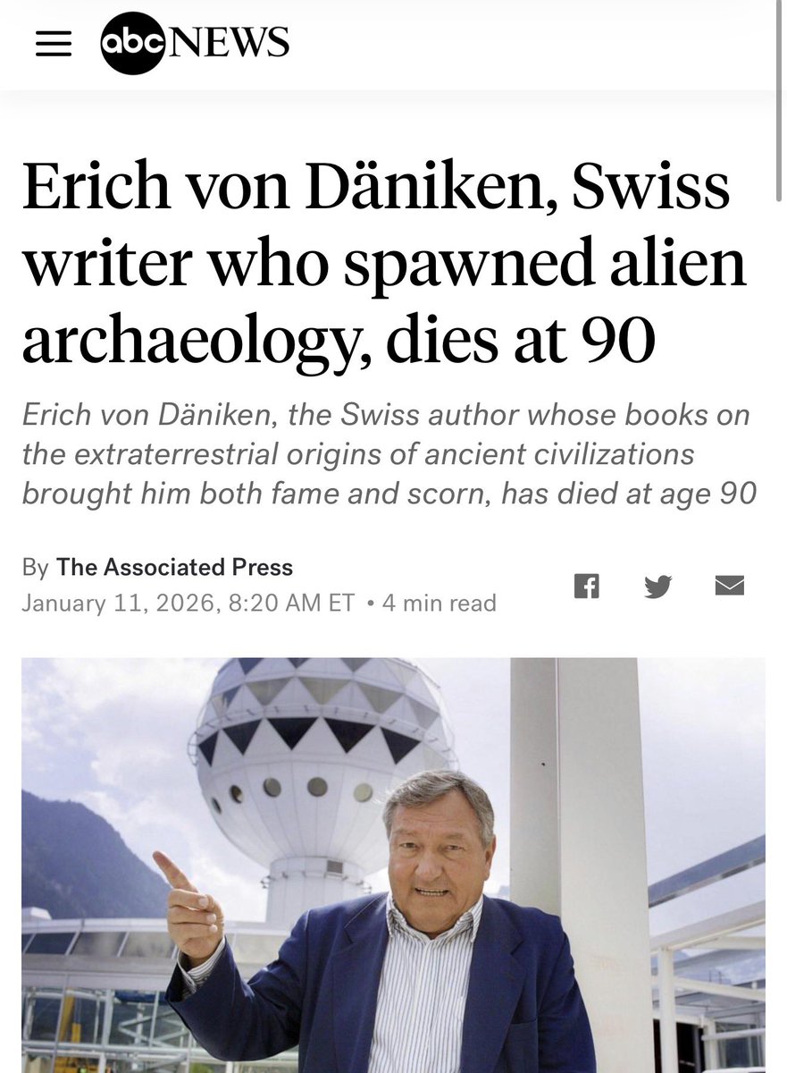 BrightInsight6's tweet photo. Erich von Däniken, best-selling author of ‘Chariots of the Gods’, has passed away. Rest in peace 🙏🏻 https://t.co/irBpSSz1Jq