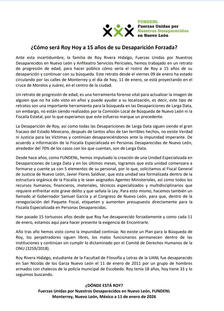 FUNDENL's tweet image. 📢#Comunicado ¿Cómo será Roy Hoy a 15 años de su #DesapariciónForzada? #DóndeEstáRoy #Desaparecidos #NuevoLeón 
@samuel_garcias @CongresoNL @FiscaliaNL @SEGOB_mx @Busqueda_MX