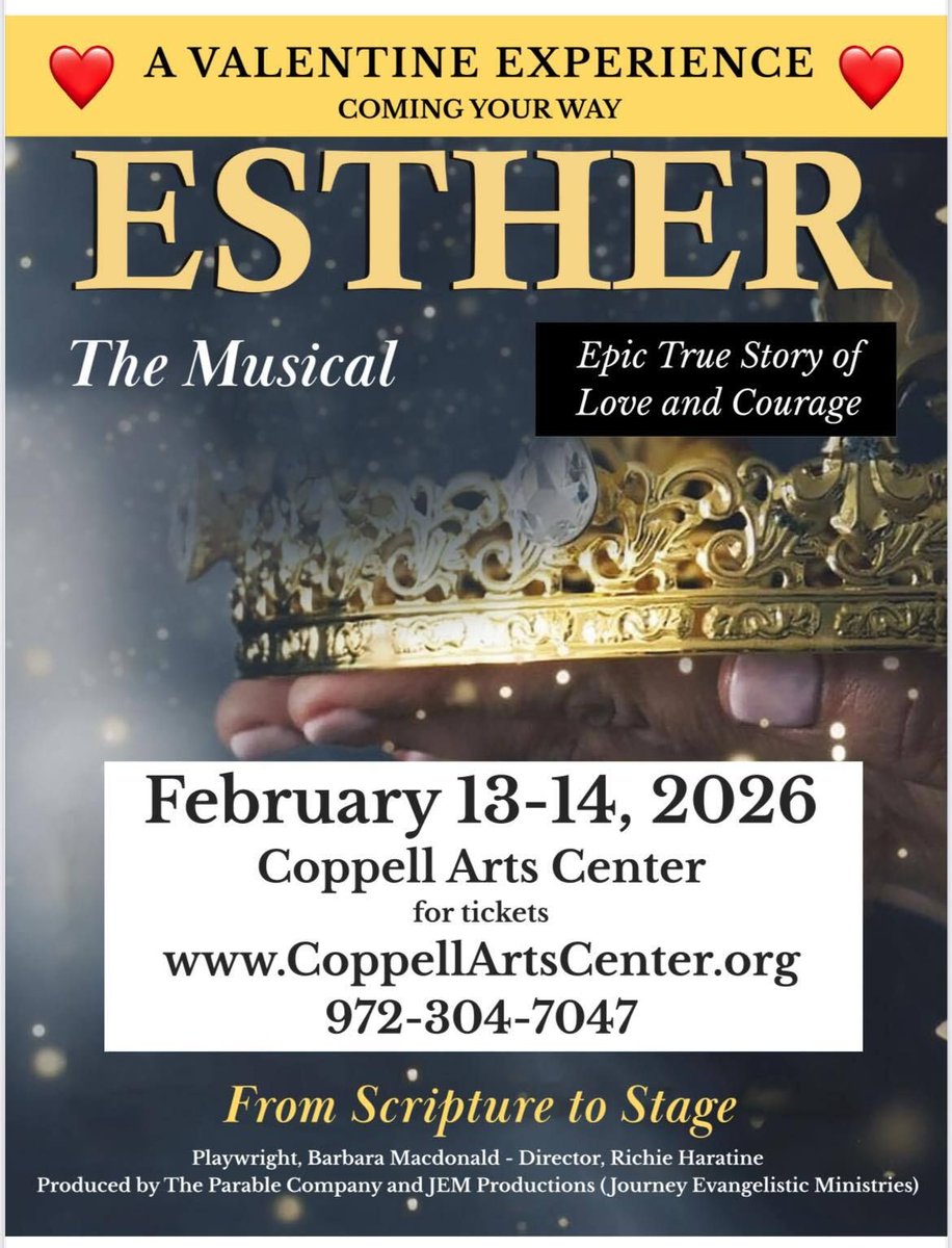 JustLumens's tweet photo. Excited to illuminate the timeless story of Esther this Valentine's weekend! Just Lumens is proud to partner with The Parable Company and JEM Productions to bring "Esther: The Musical" to life at the Coppell Arts Center on February 13-14, 2026. https://t.co/EFoaM1uOMF