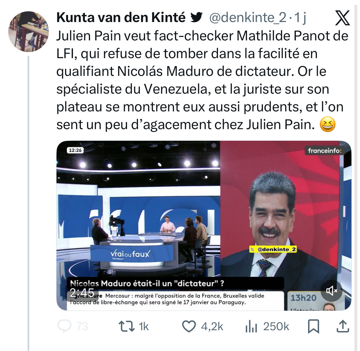 JulienPain's tweet image. C’est absolument magique. Sur le même passage de notre dernière émission, je suis accusé d’être d’extrême droite parce que je demande si Maduro est un dictateur. Puis d’extrême gauche parce que l’invité qui répond serait proche de LFI. Ce réseau est extraordinaire.