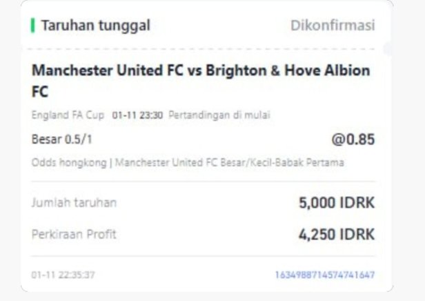 🏴󠁧󠁢󠁥󠁮󠁧󠁿 FA Cup 
King Emyu vd Brighton 
⏰ 23:30 
🏟️ Old Trafford  

Over 4.5 corner HT 
Over 1.5 total gol HT 
Over 0.75 gol King Emyu HT 

🍺🍺🍺