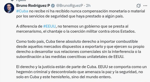 Publicación de Donald Trump este domingo en la mañana en su red social Truth, afirmando que Venezuela ya no enviará más petróleo a Cuba, y la respuesta del canciller de Cuba, Bruno Rodríguez.