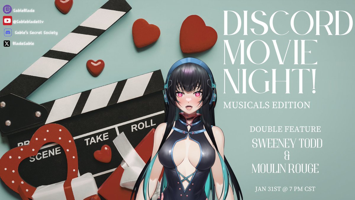 BladeSable's tweet image. Join me for another Discord Movie Night! Jan 31st starting at 7 pm CST!  #Vtuber #twitch #twitchstreamer #streamer #discord #discordmovienight #streamingmovienight