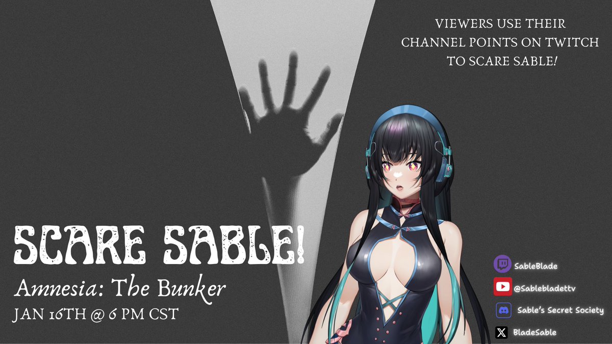 BladeSable's tweet image. Scare Sable Night! Join me tonight at 6 pm CST! #Vtuber #twitch #twitchstreamer #streamer #ScareSableNight #AmnesiaTheBunker #horrorgames