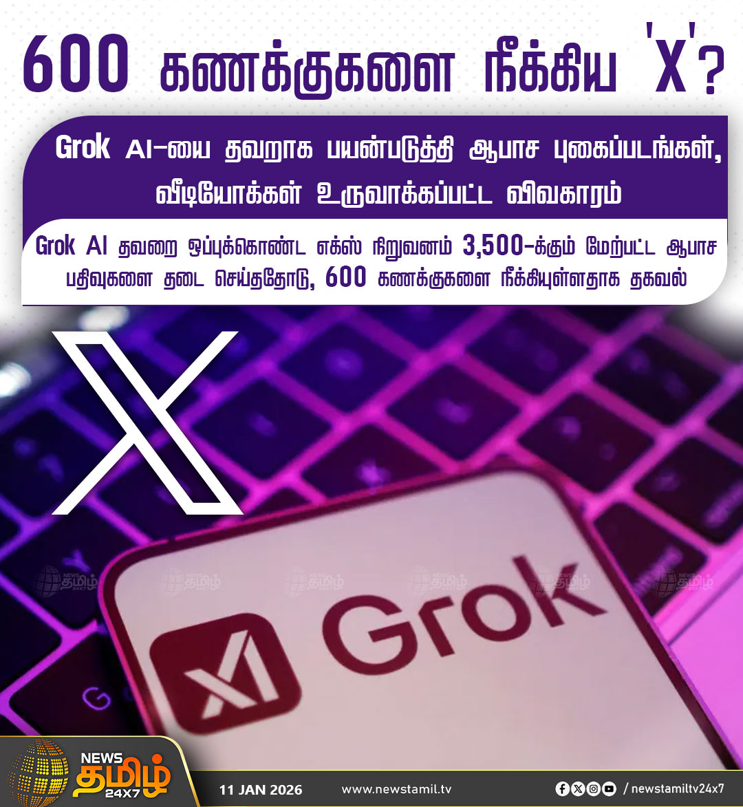 NewsTamilTV24x7's tweet photo. #NewsTamil24x7NewsUpdate || 600 கணக்குகளை நீக்கிய 'X'?
Grok Al-யை தவறாக பயன்படுத்தி ஆபாச புகைப்படங்கள், வீடியோக்கள் உருவாக்கப்பட்ட விவகாரம்
Grok Al தவறை ஒப்புக்கொண்ட எக்ஸ் நிறுவனம் 3,500-க்கும் மேற்பட்ட ஆபாச பதிவுகளை தடை செய்ததோடு, 600 கணக்குகளை நீக்கியுள்ளதாக தகவல்
#GrokAl #banned #TamilNews #NewsTamil #NewsTamil24x7