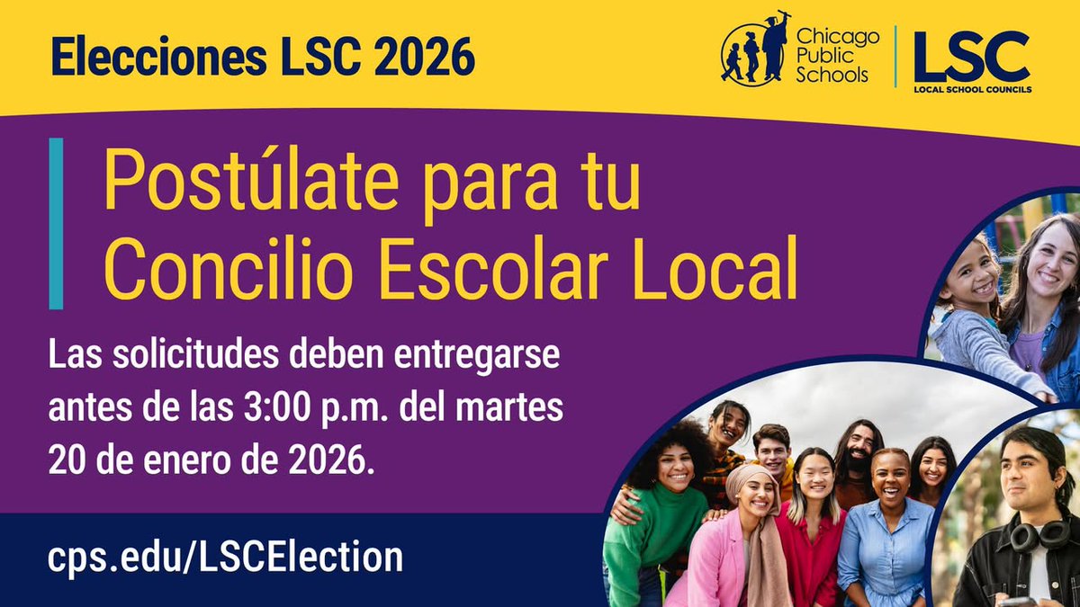 ChiPubSchools's tweet photo. Want to get more involved in your school community? CPS is looking for candidates to run in our 2026 Local School Council Election. Learn more and download and complete an application at https://t.co/1FtaI6gEB5.
__
¿Quieres involucrarte más en tu comunidad escolar? CPS está buscando candidatos para postularse en las elecciones de los Consejos Escolares Locales de 2026. Obtén más información y completa una solicitud en https://t.co/JkapXcuahv.