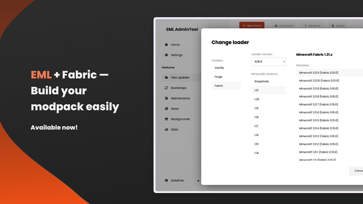 EMLProject's tweet image. 🧶 It’s finally here!

We are thrilled to announce that Fabric support has officially landed in Electron Minecraft Launcher (EML)! 🚀

You asked for it, and now you can build custom launchers for your Fabric modpacks just as easily as you do for Forge.