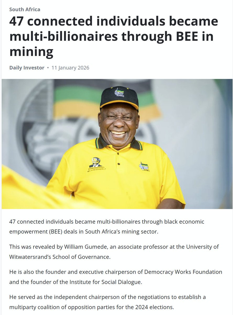 Recon1_ZA's tweet image. 47 politically connected insiders became multi-billionaires from BEE mining deals while the poor stay poor.

Millions of poor South Africans saw nothing.
This is why the ANC clings to race-based laws. Not to uplift the poor, but to protect a patronage system. BBBEE was never…