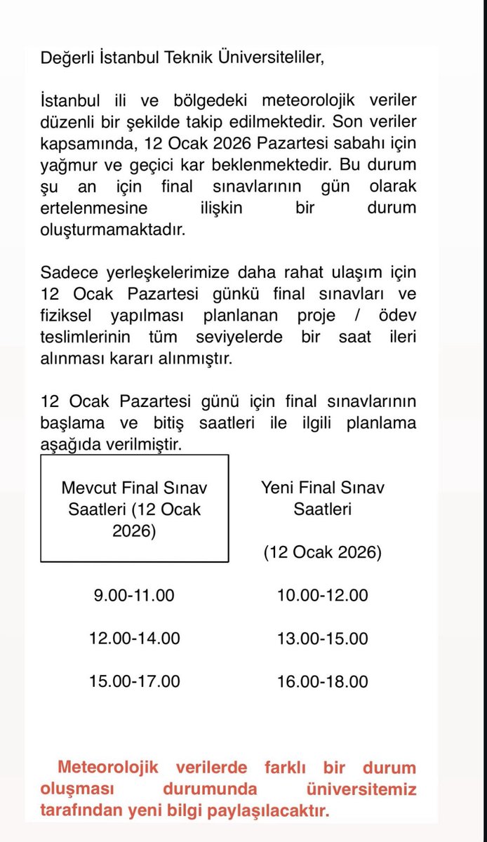 ari24sosyal's tweet image. İTÜ’lülere duyurulur 📣
12 Ocak Pazartesi günü yapılacak sınavlar 1 saat ertelendi.