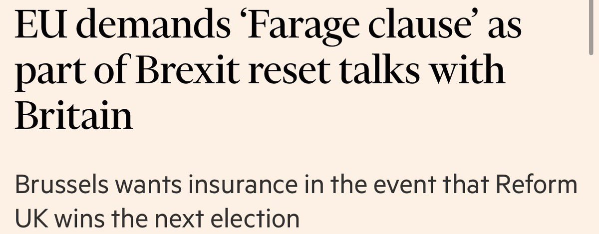 ZiaYusufUK's tweet image. Starmer is quietly dragging Britain back into the EU by the back door, betraying the 17.4 million people who voted to leave.

The EU is demanding a “Farage Clause”, which would force the UK to pay punitive compensation if a future government unwinds Starmer’s deal after 2029.

An…