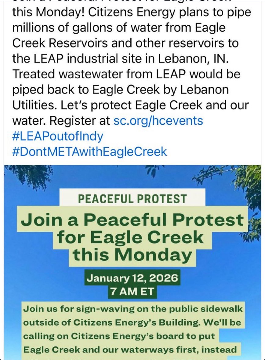 🚨 🚨 

Warning INDIANA

The Indiana government is officially being weaponized for Corporations over Hoosiers.  

The LEAP project in Lebanon (IEDC Public-private-partnership boondoggle) is attempting to pollute and steal drinking water from Eagle Creek Reservoir.  The LEAP