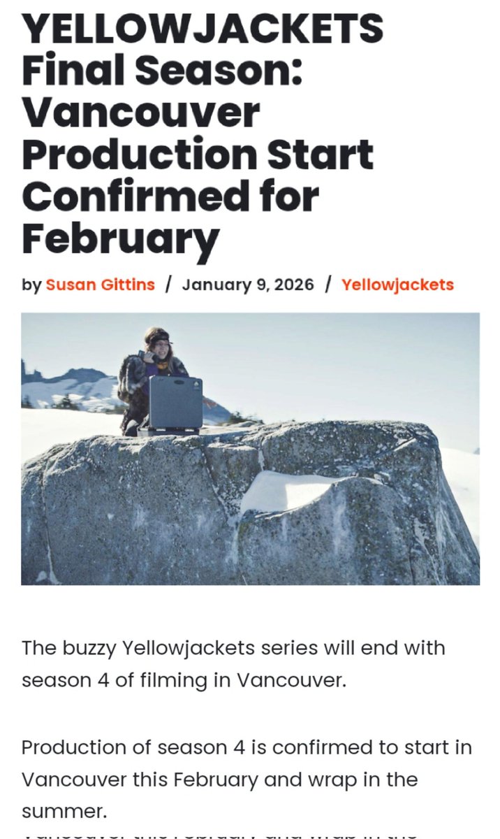 buzz_newzz's tweet image. Production of #Yellowjackets Season 4 is confirmed to start in Vancouver this February and wrap in the summer.

New filming dates: February 25 2026 – July 30 2026.

(Source: Hollywood North Buzz)