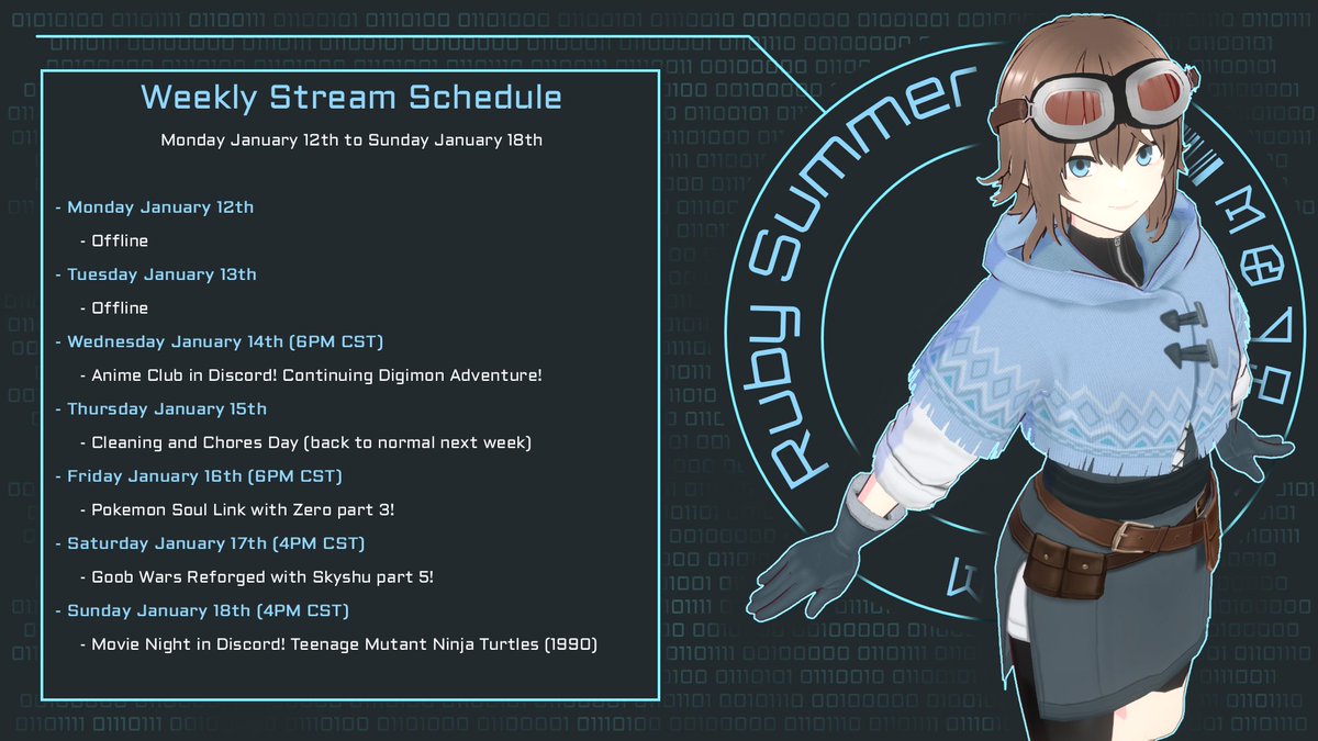 RubySummer93's tweet image. Got this week's schedule up! Sorry for taking Thursday off but I REALLY need to clean my room and bathroom and stuff. Feel free to join the Discord for anime club and movie night!
