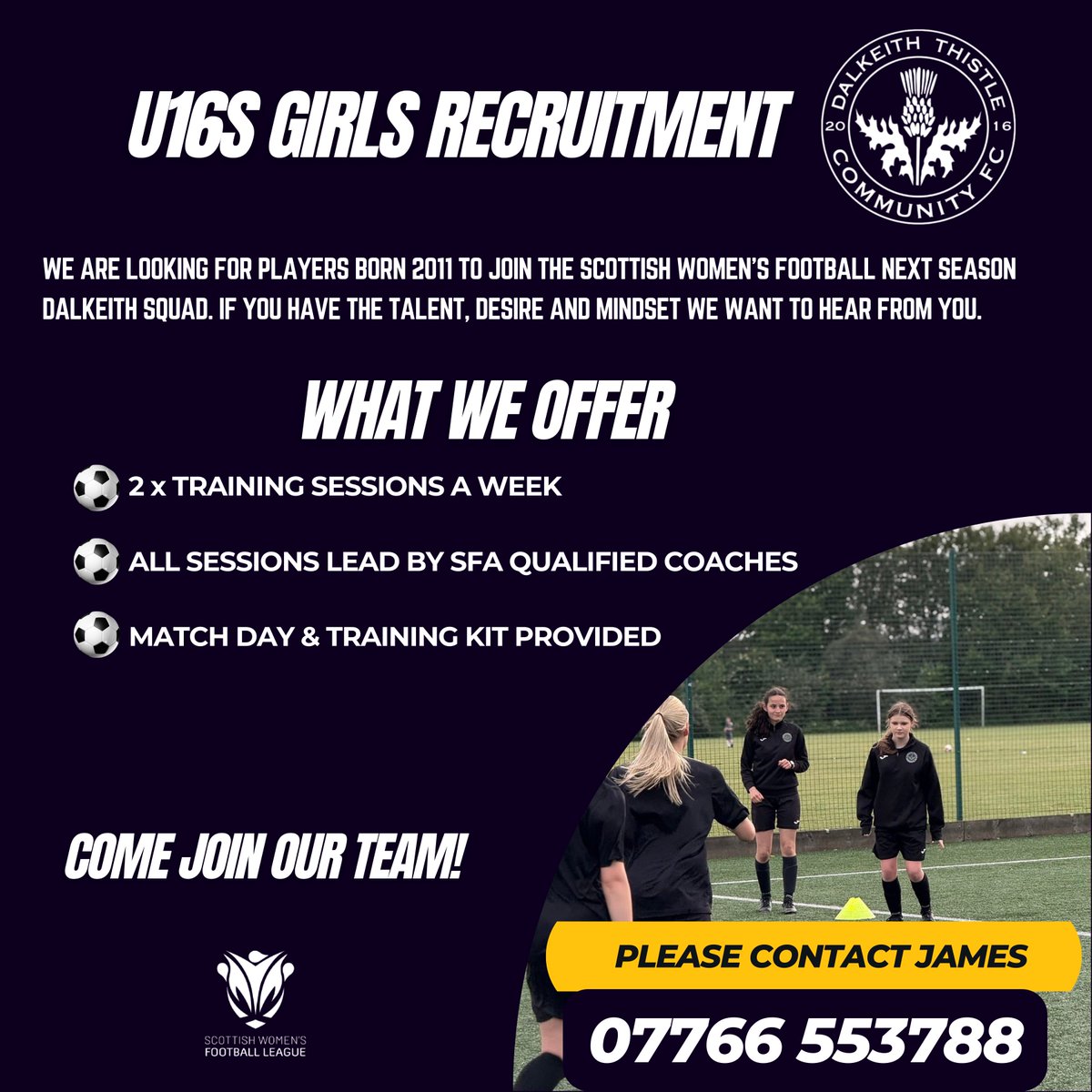 DalkeithCFC's tweet image. ⚫️⚪️ Players Wanted | U16s Dalkeith Thistle Girls

Dalkeith Thistle U16s are looking for girls born in 2011 to join our squad for next season in the @ScotWFootball leagues.

📩 Get in touch and come along for a trial. We’d love to have you involved.

#DalkeithThistle