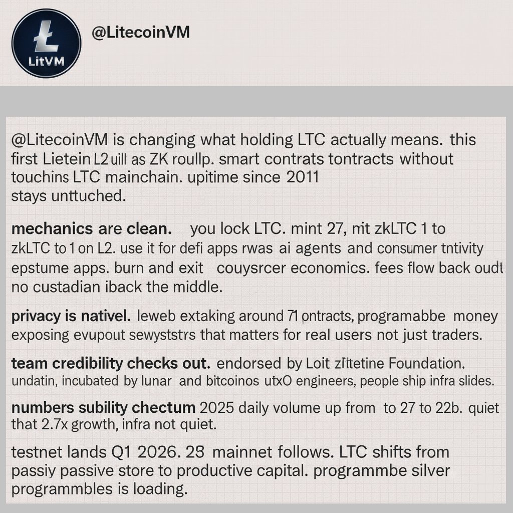yo degens quick signal while the 𝕏 algo pushes noise @LitecoinVM is  changing what holding LTC actually means. this is Litecoin first EVM L2  built as a ZK rollup. smart contracts without
