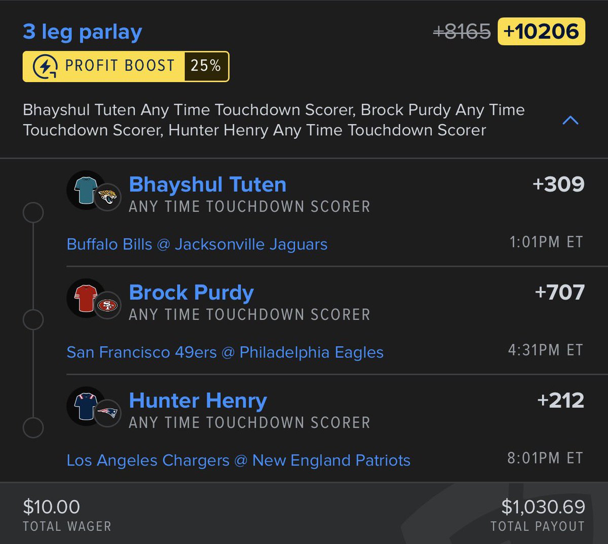 halfbirdhalfman's tweet image. FD Sundee TD Parlay 🦅