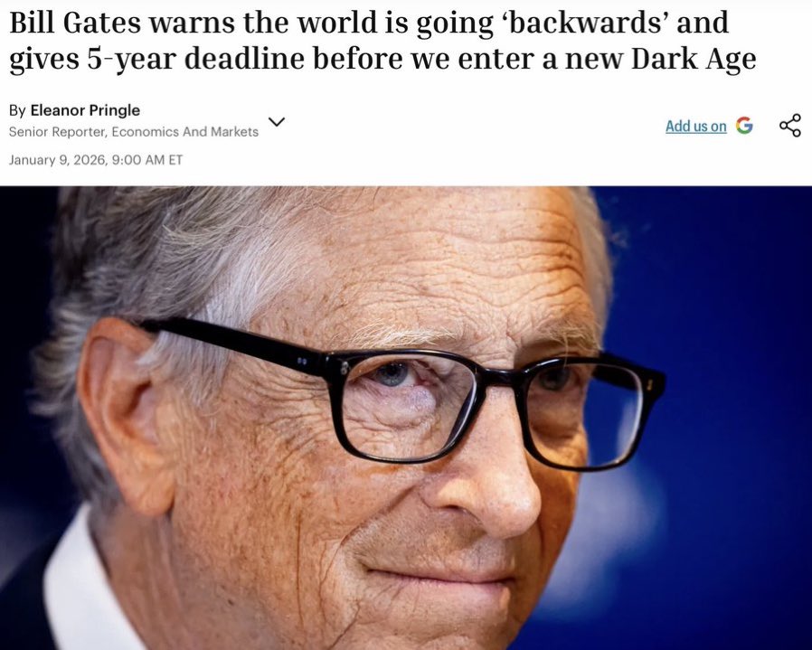 WallStreetMav's tweet image. Bill Gates warns of a new “Dark Age” that is coming … but he doesn’t clarify whether he intends to apologize or not for causing it.